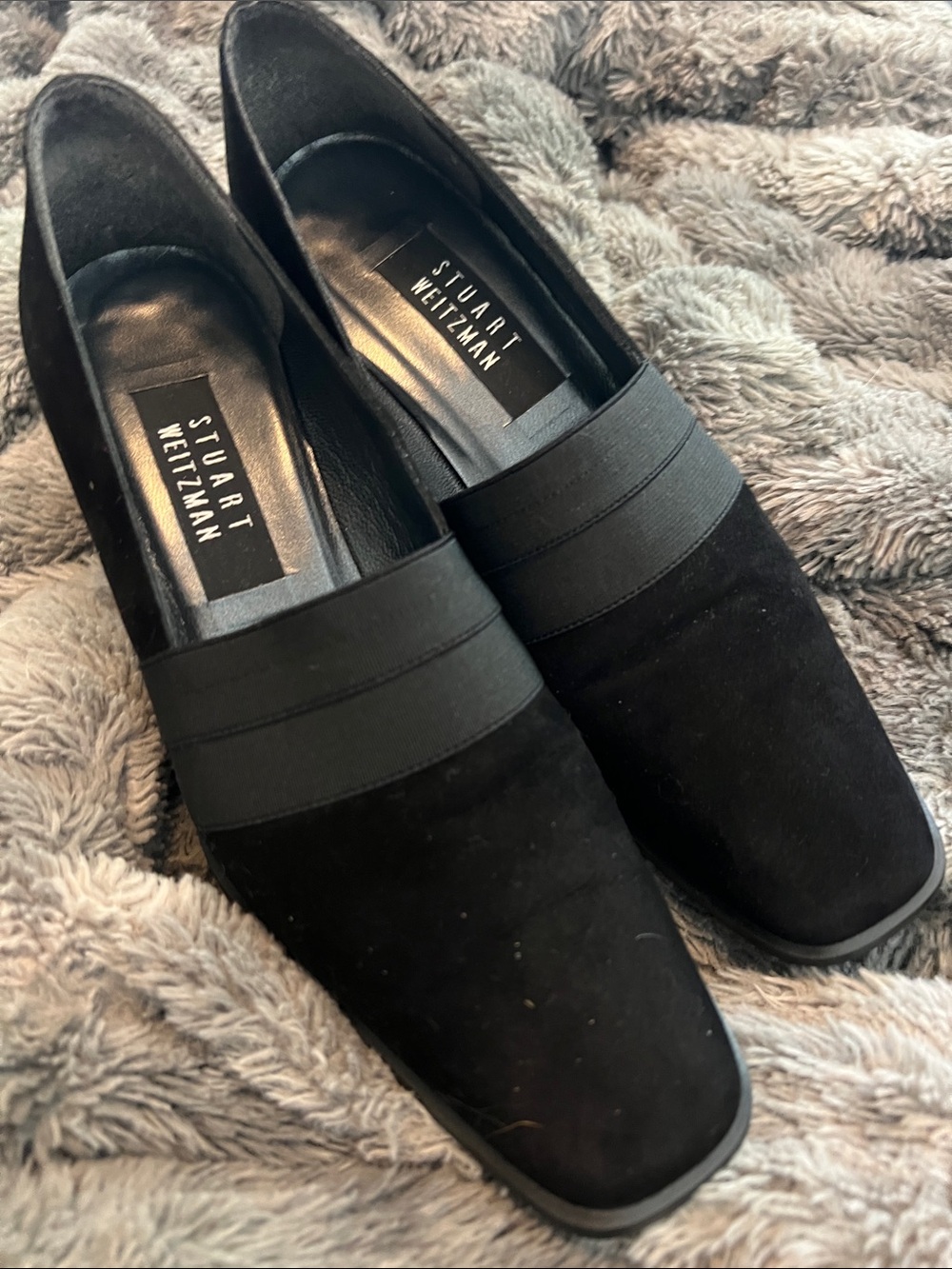 Stuart Weitzman Black Suede Elastic-Band Wedges